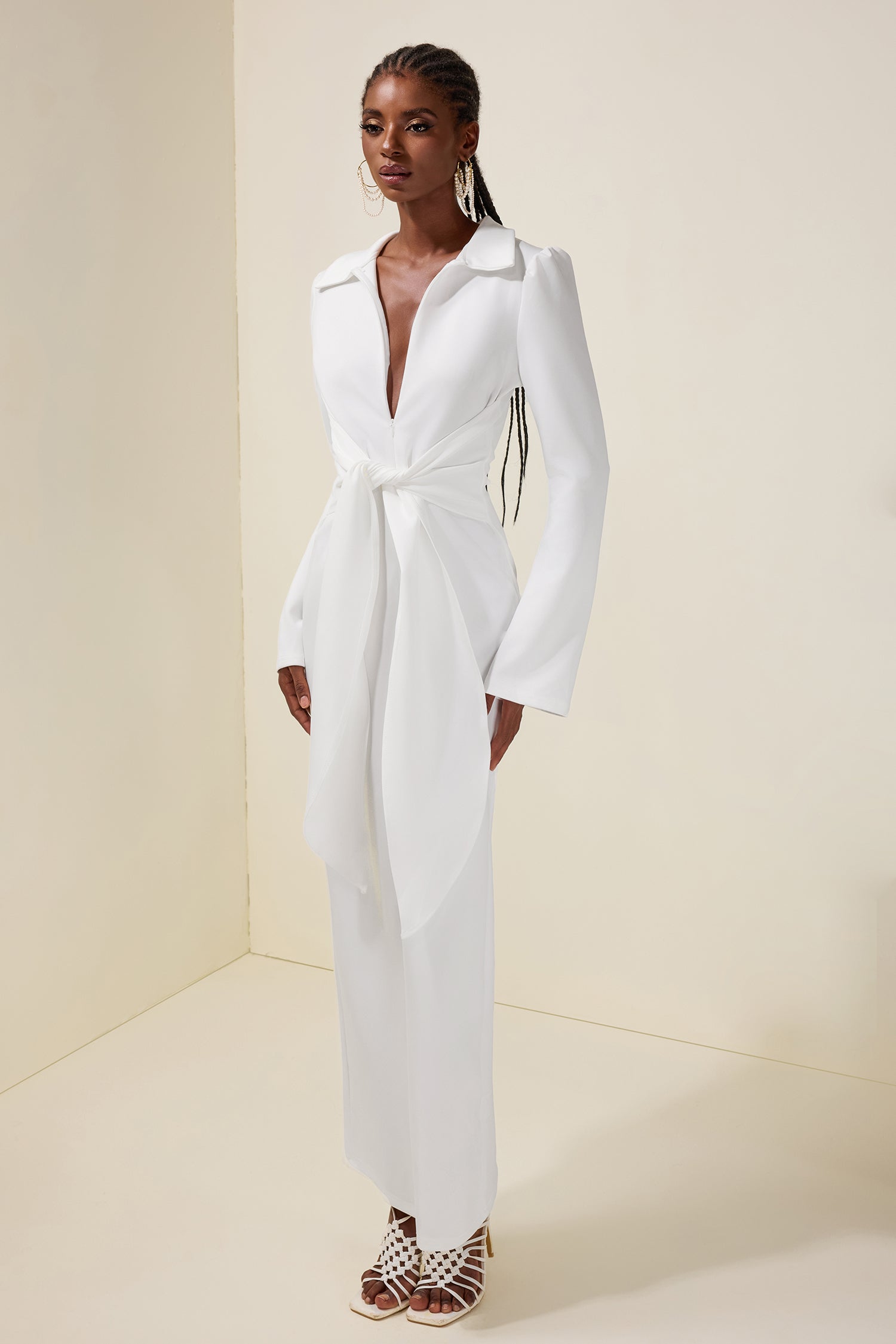 Solid V-Neck Tie-Up Maxi Dress