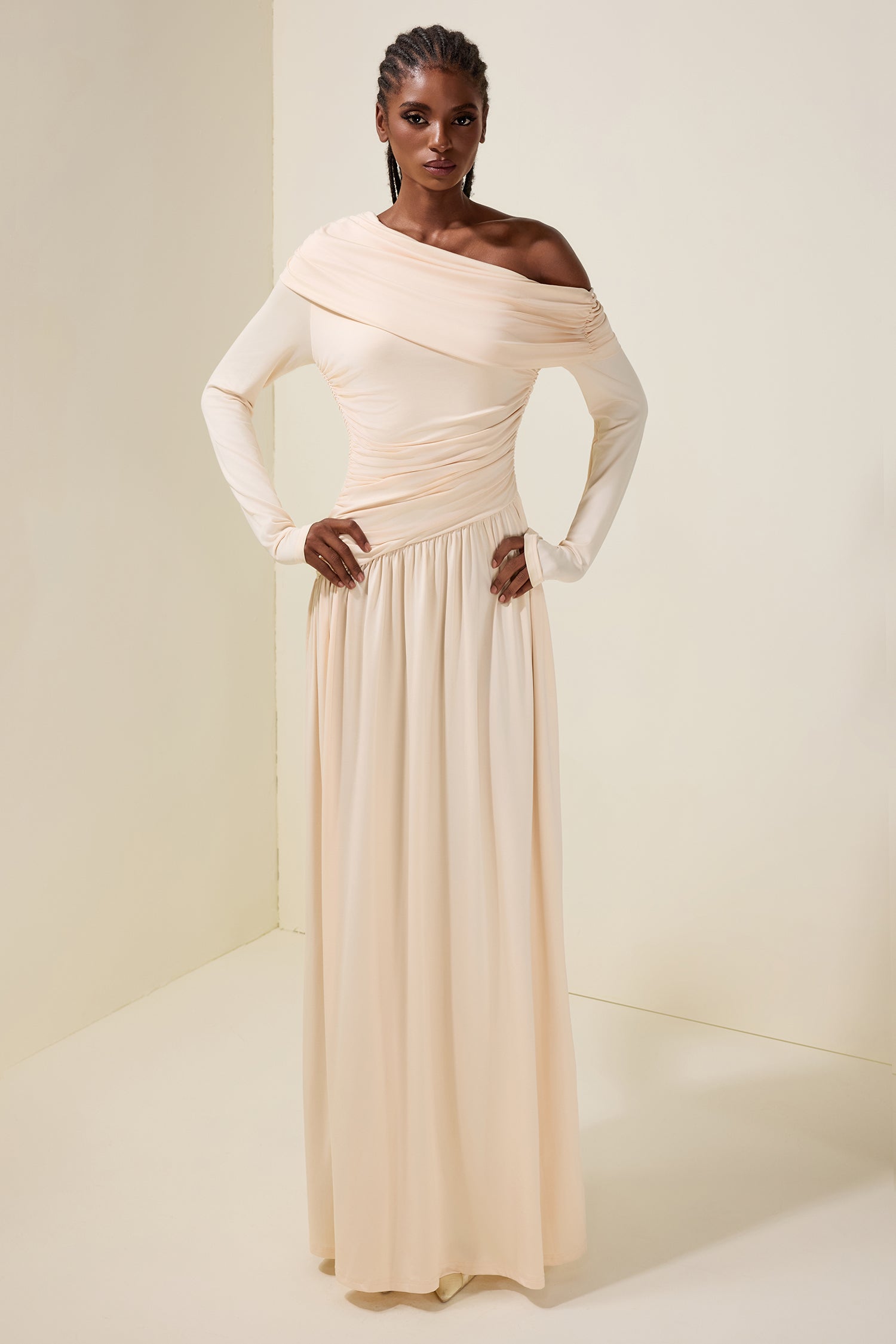 Jersey Gathering Long Sleeve Maxi Dress