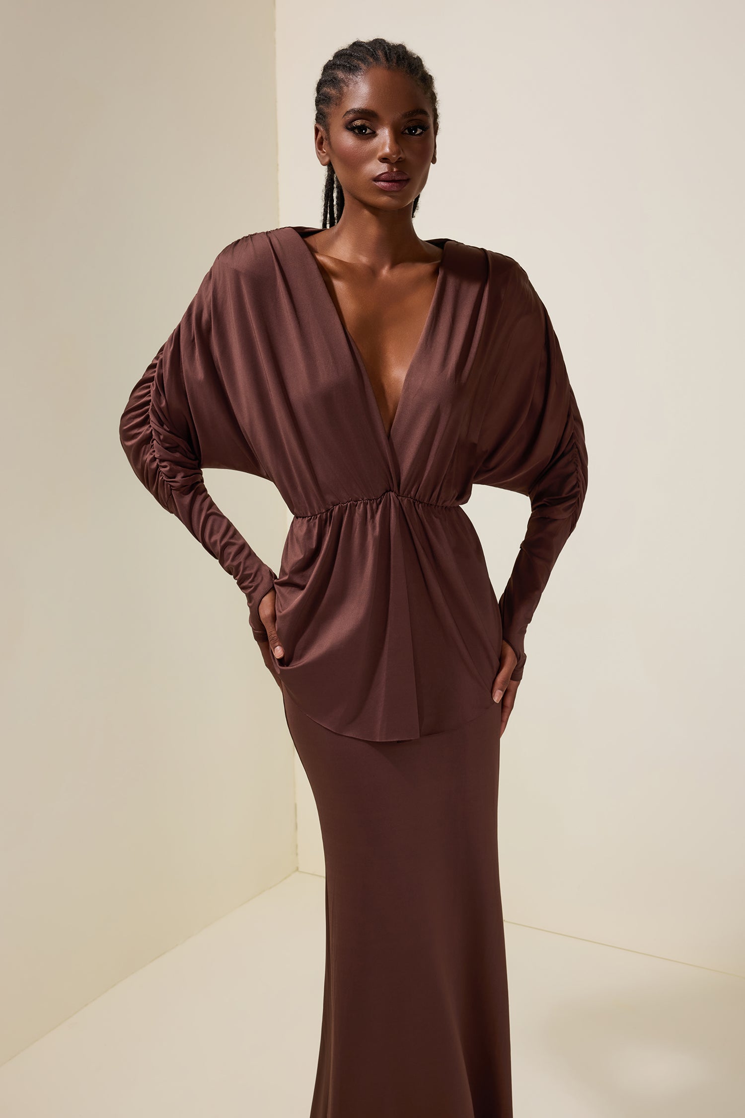 Jersey V-Neck Gathering Top & High Waist Maxi Skirt Set