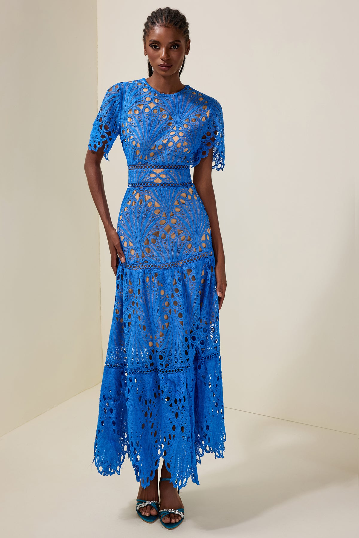 Lace Cut-Out Round Neck Midi Dress