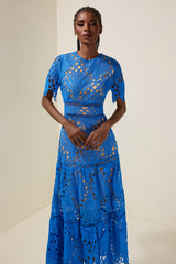 Lace Cut-Out Round Neck Midi Dress