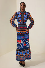 Paisley Print Round Neck Long Sleeve Midi Dress
