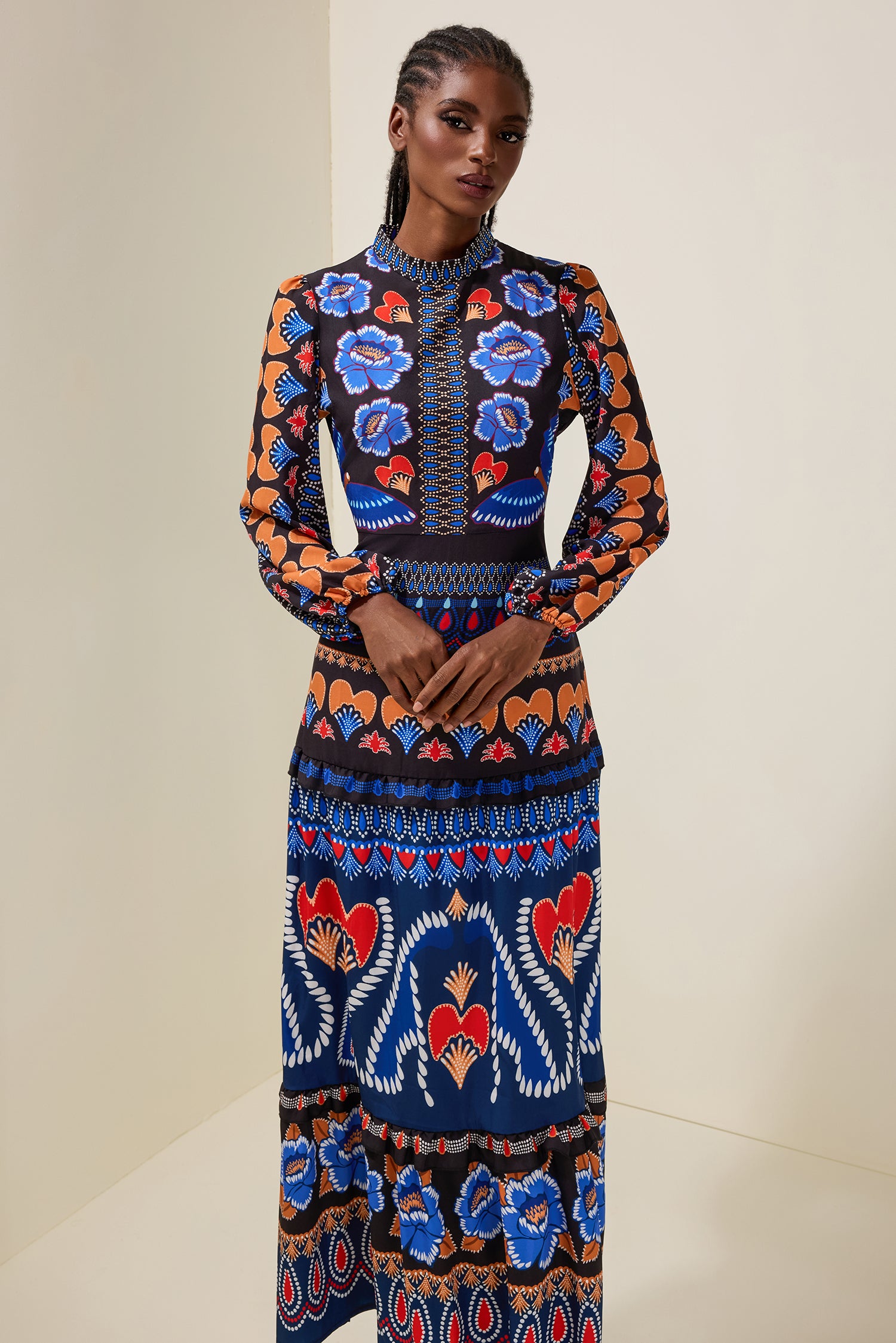 Paisley Print Round Neck Long Sleeve Midi Dress