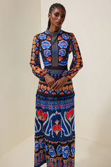 Paisley Print Round Neck Long Sleeve Midi Dress