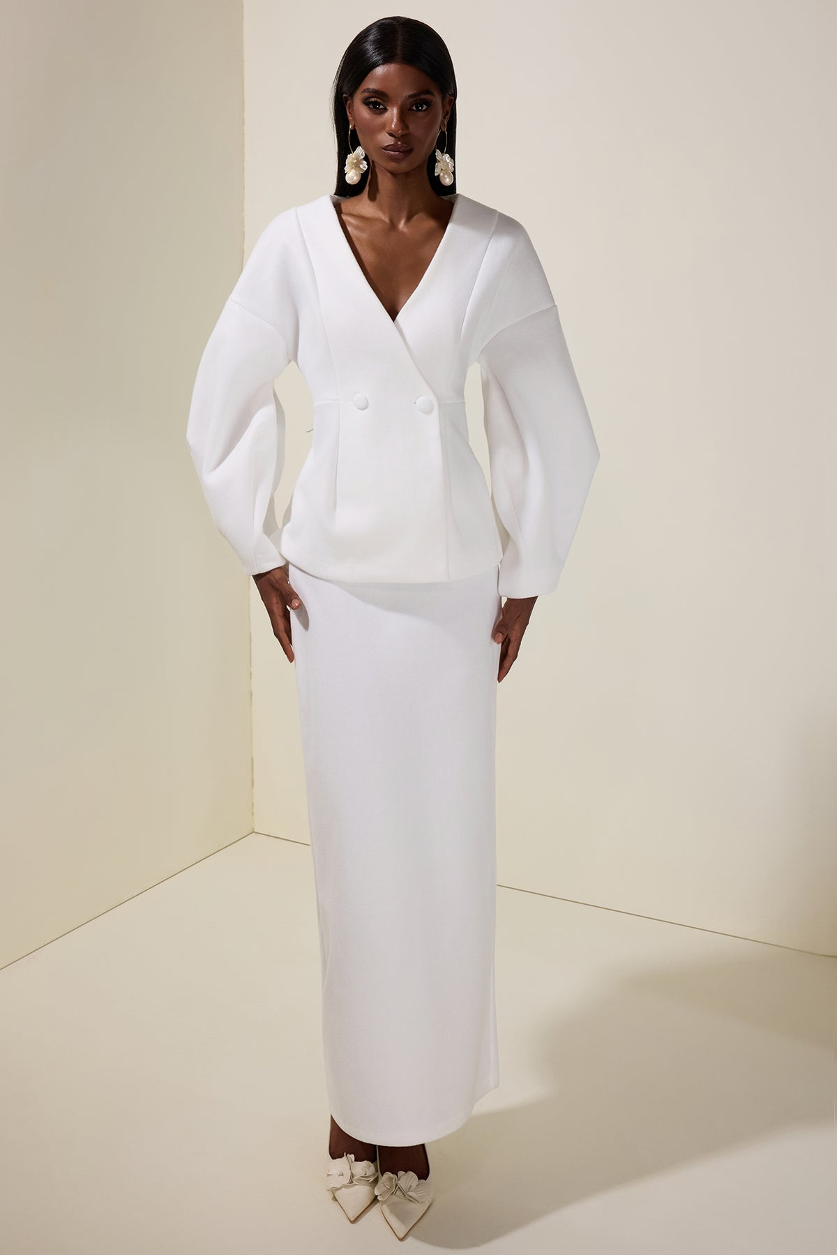 Woolen Lantern Sleeve Coat & Maxi Skirt Set