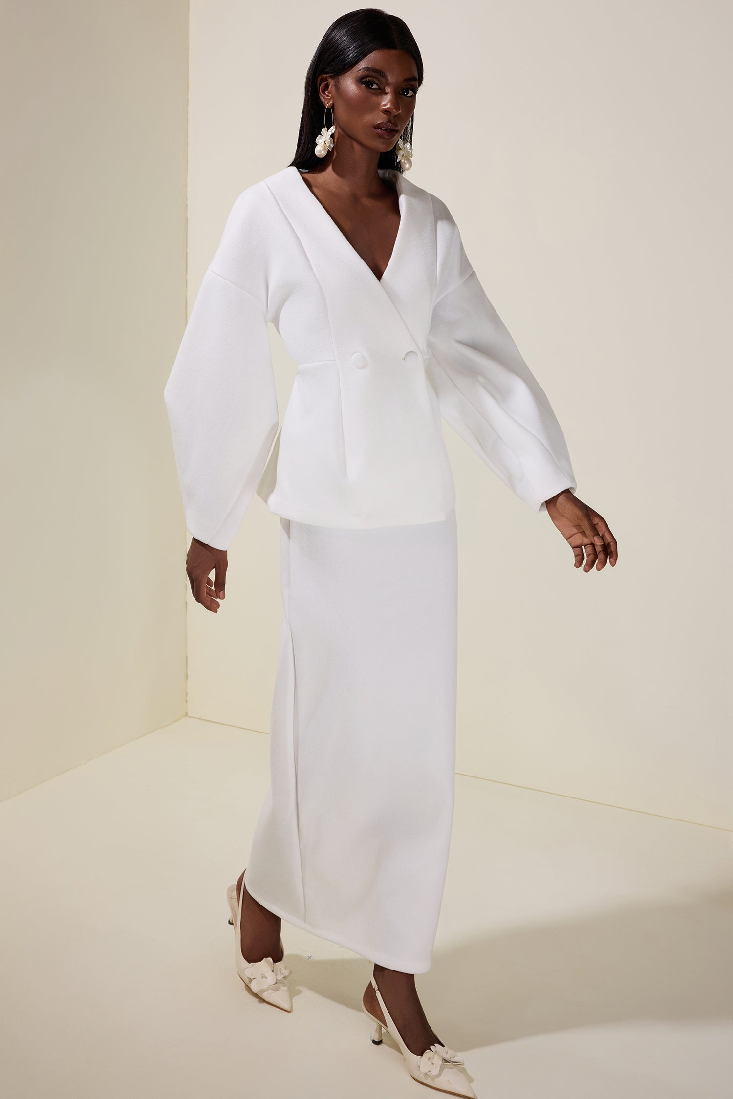 Woolen Lantern Sleeve Coat & Maxi Skirt Set