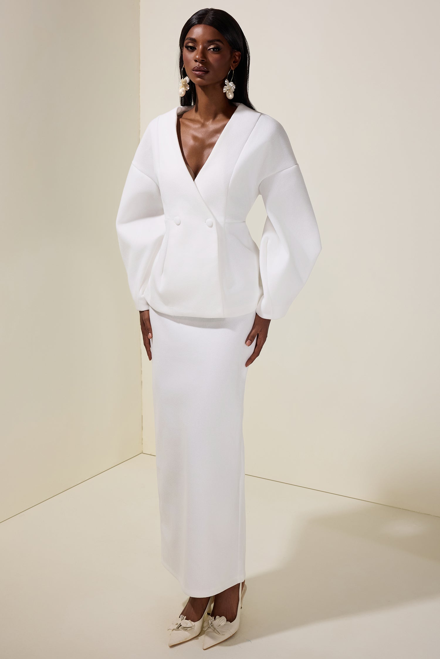 Woolen Lantern Sleeve Coat & Maxi Skirt Set