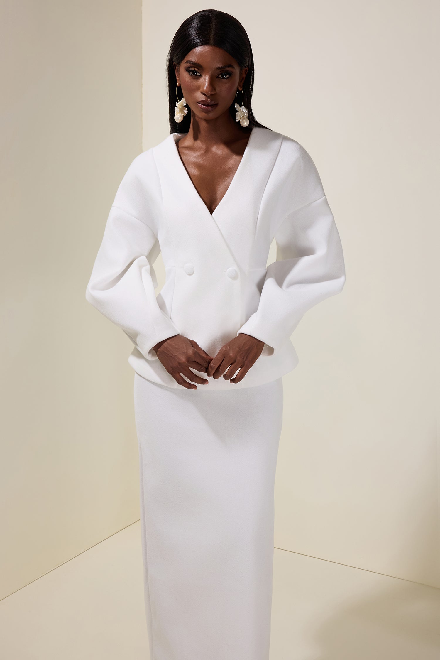 Woolen Lantern Sleeve Coat & Maxi Skirt Set