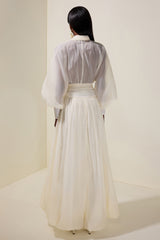 Chiffon V-Neck Lantern Sleeve Puff Midi Dress