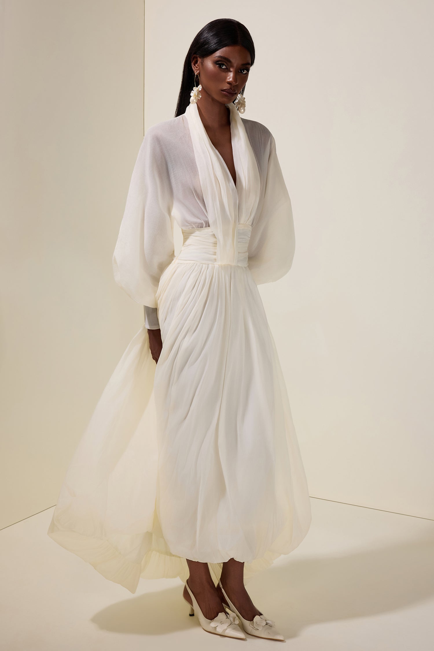 Chiffon V-Neck Lantern Sleeve Puff Midi Dress