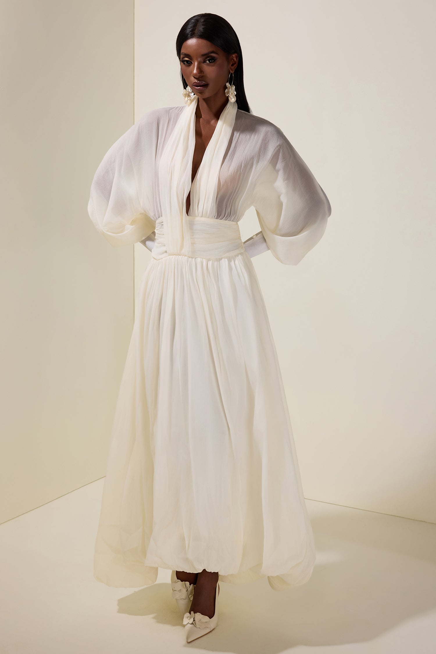 Chiffon V-Neck Lantern Sleeve Puff Midi Dress