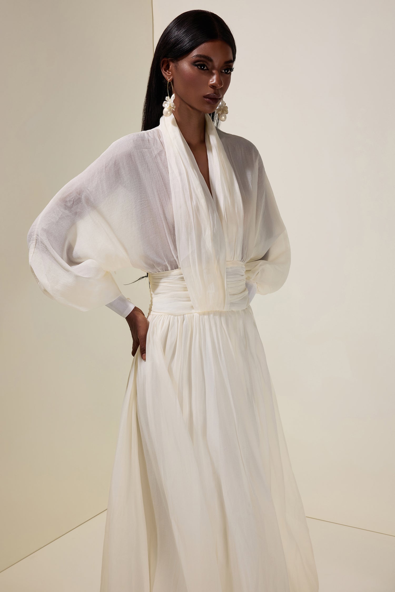 Chiffon V-Neck Lantern Sleeve Puff Midi Dress