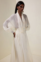 Chiffon V-Neck Lantern Sleeve Puff Midi Dress