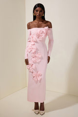 Solid 3D Flower Off-Shoulder Midi Dress