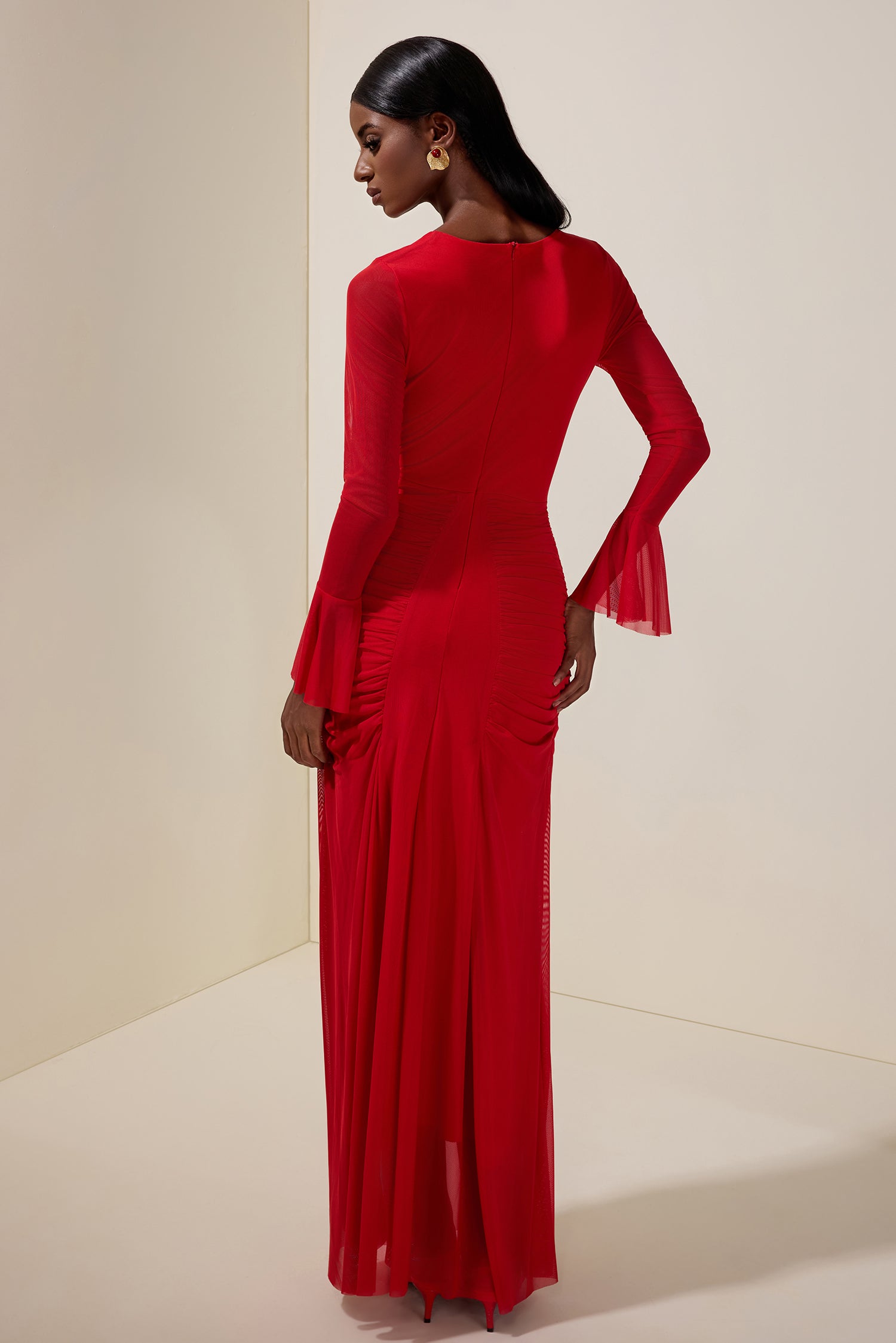 Gathering Asymmetrical Neck Long Sleeve Maxi Dress
