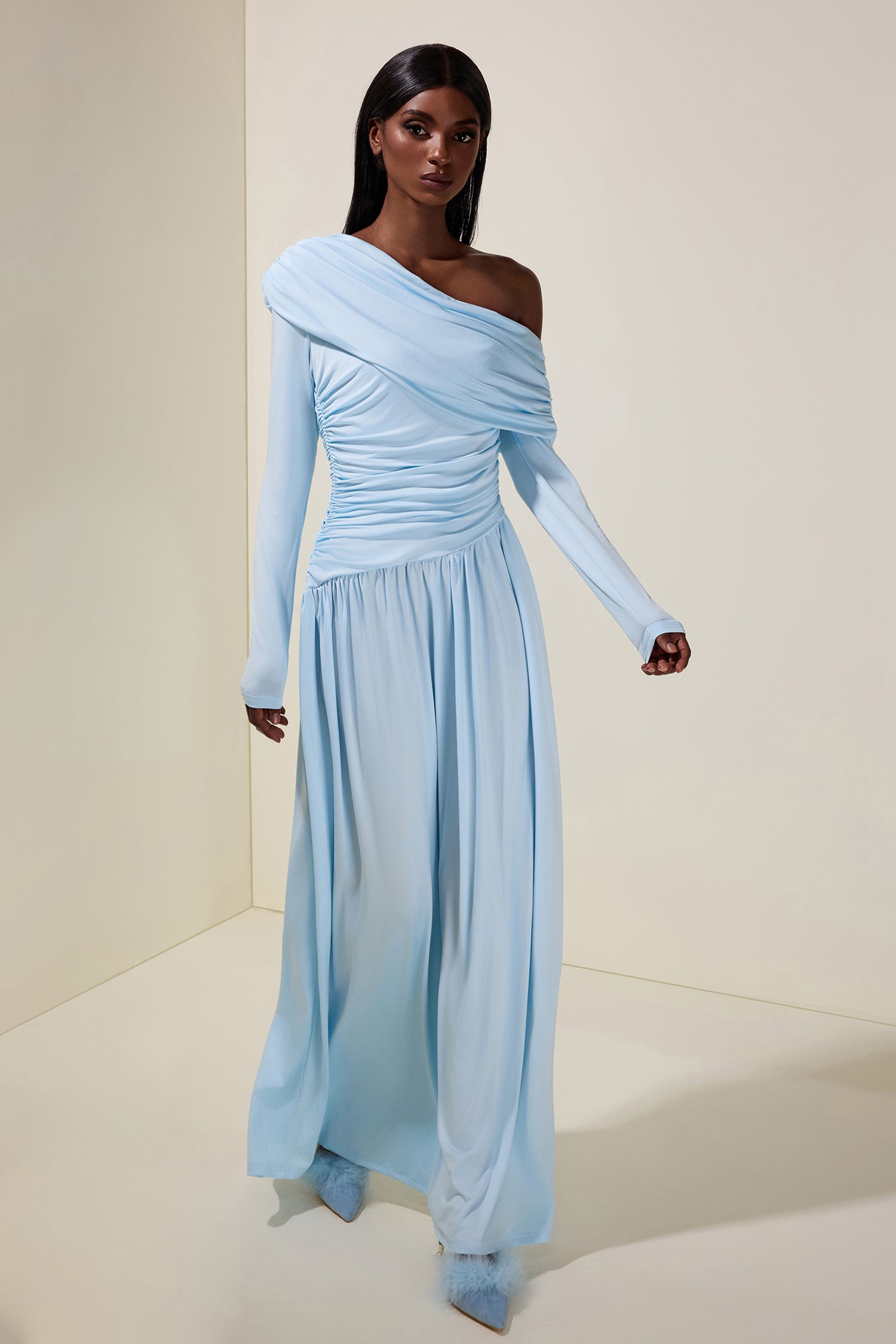 Jersey Gathering Long Sleeve Maxi Dress