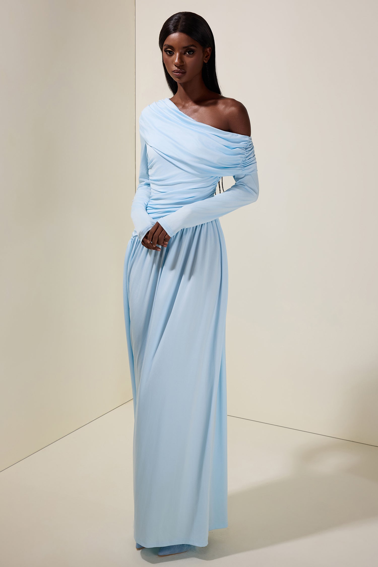 Jersey Gathering Long Sleeve Maxi Dress