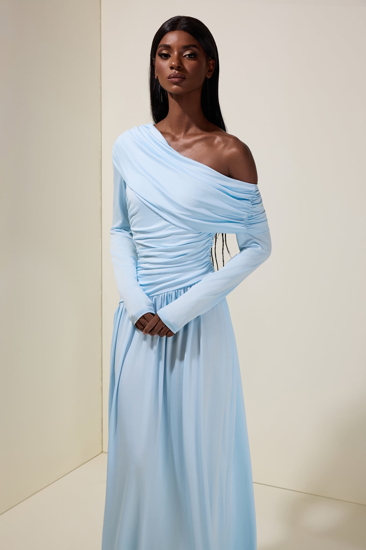 Jersey Gathering Long Sleeve Maxi Dress