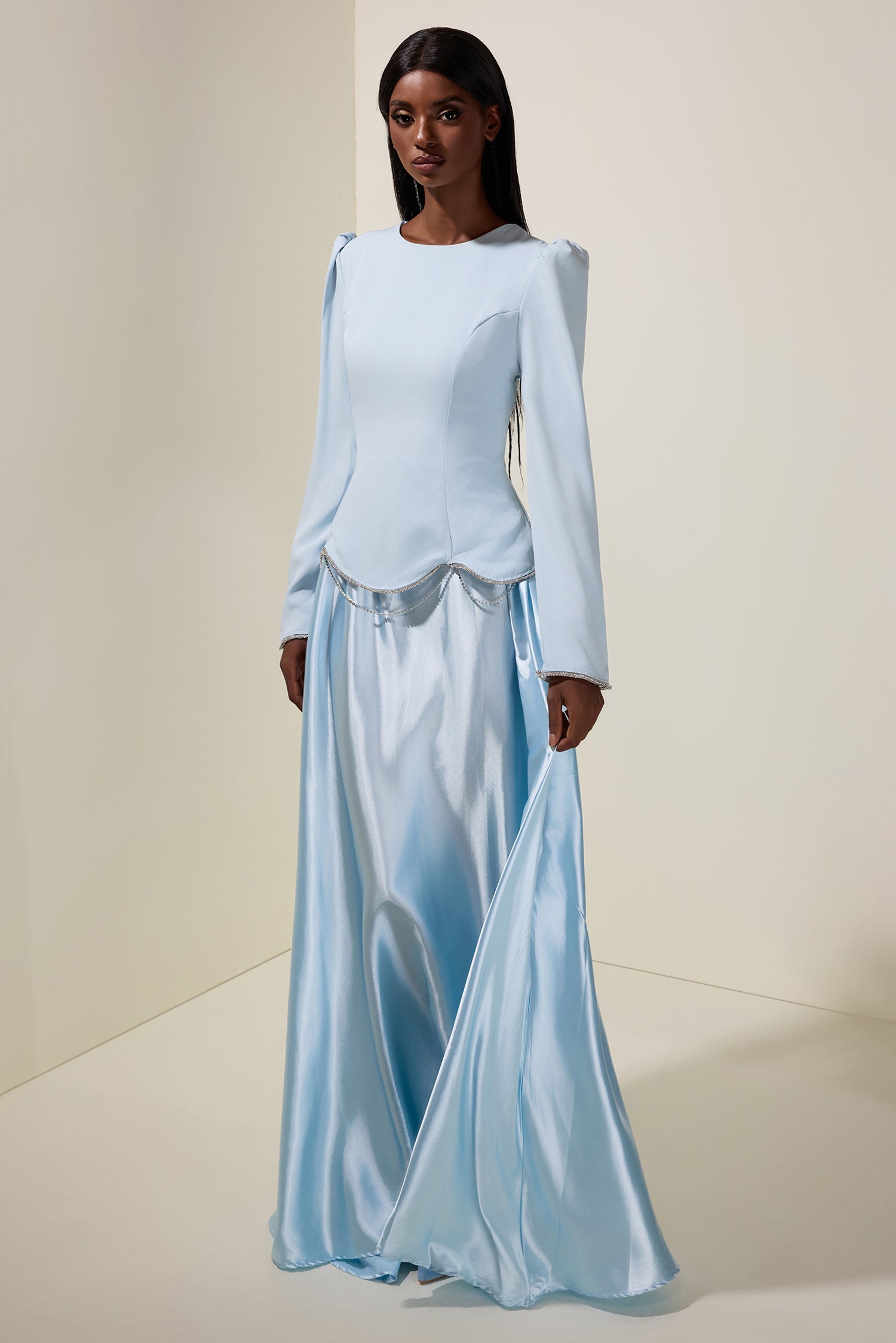 Satin Splicing Rhinestone Maxi Dress