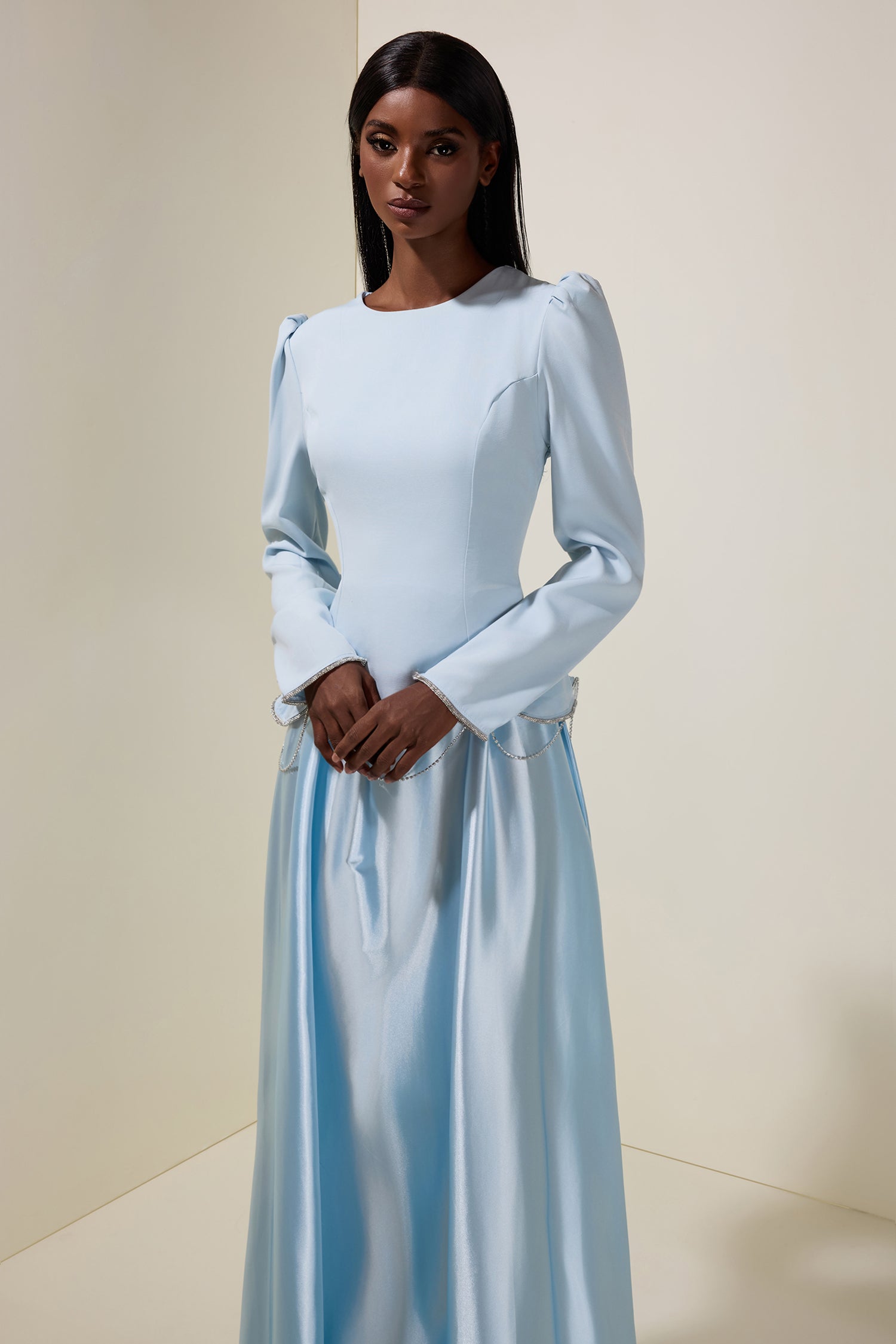 Satin Splicing Rhinestone Maxi Dress