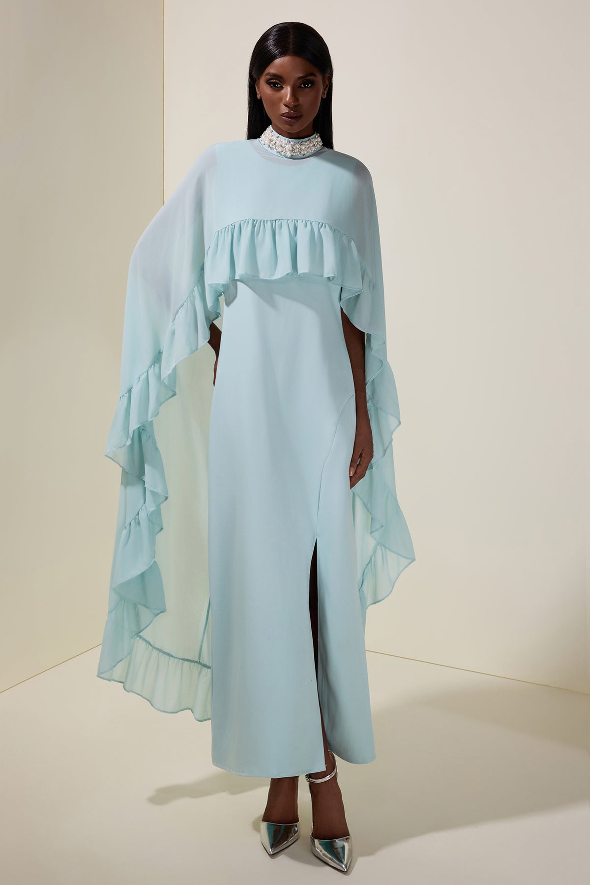 Sleeveless Midi Dress With Rhinestone Ruffle Cape