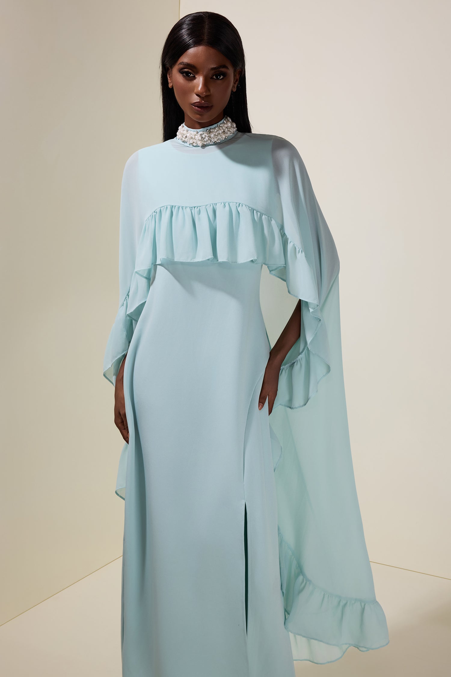 Sleeveless Midi Dress With Rhinestone Ruffle Cape