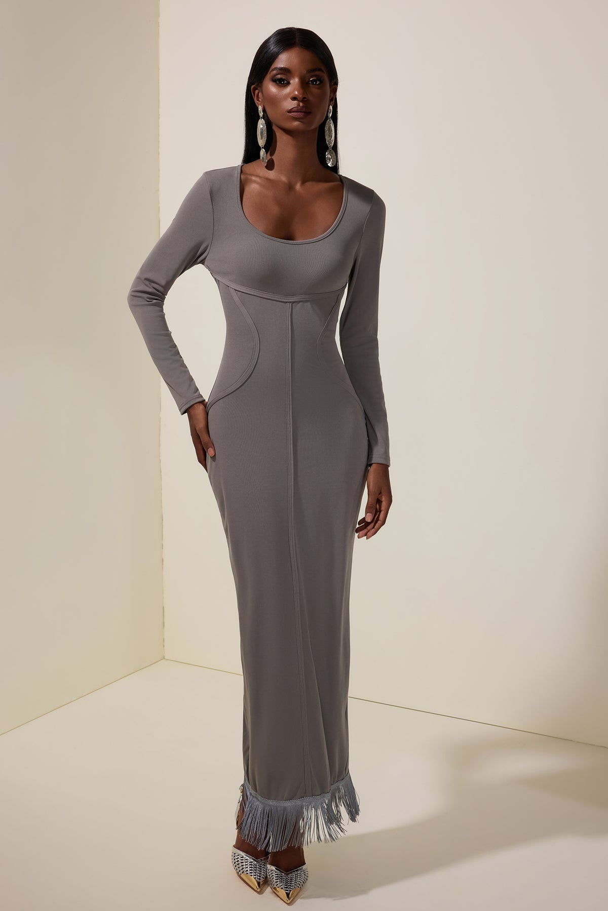Jersey Tassel Long Sleeve Maxi Dress