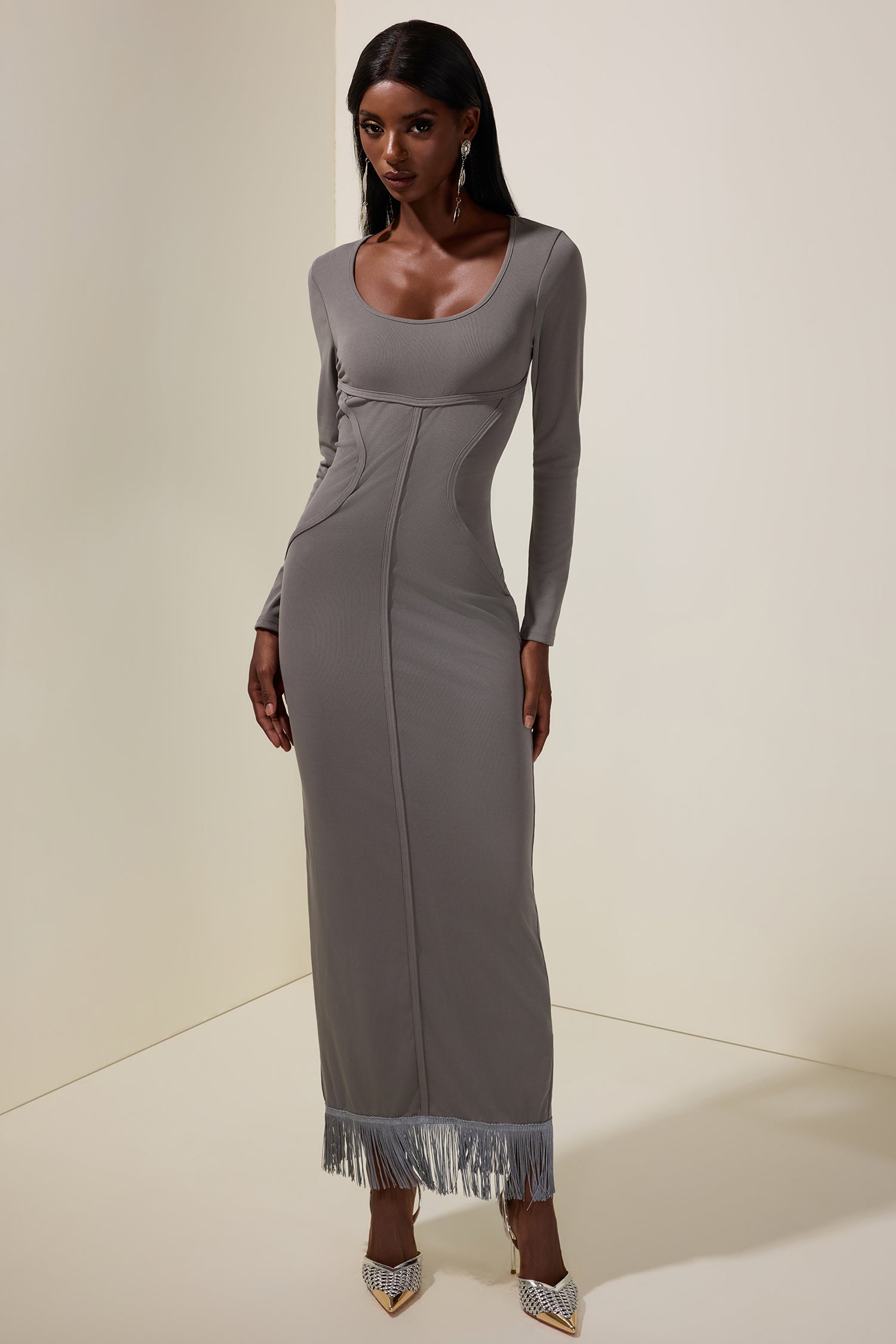 Jersey Tassel Long Sleeve Maxi Dress
