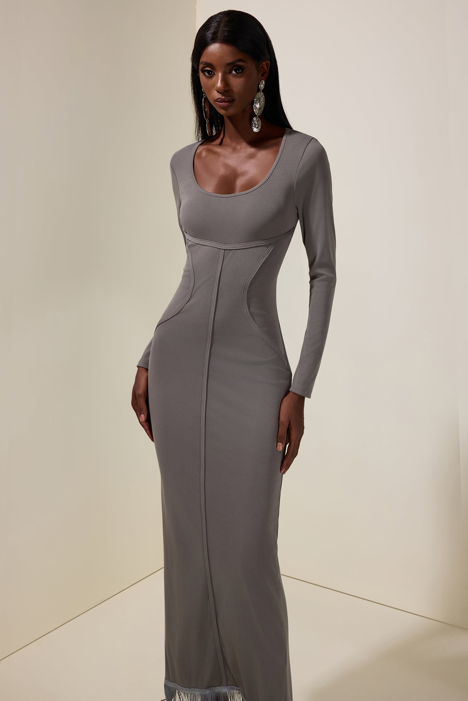 Jersey Tassel Long Sleeve Maxi Dress