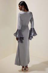 Satin Rhinestone Ruffle Maxi Dress