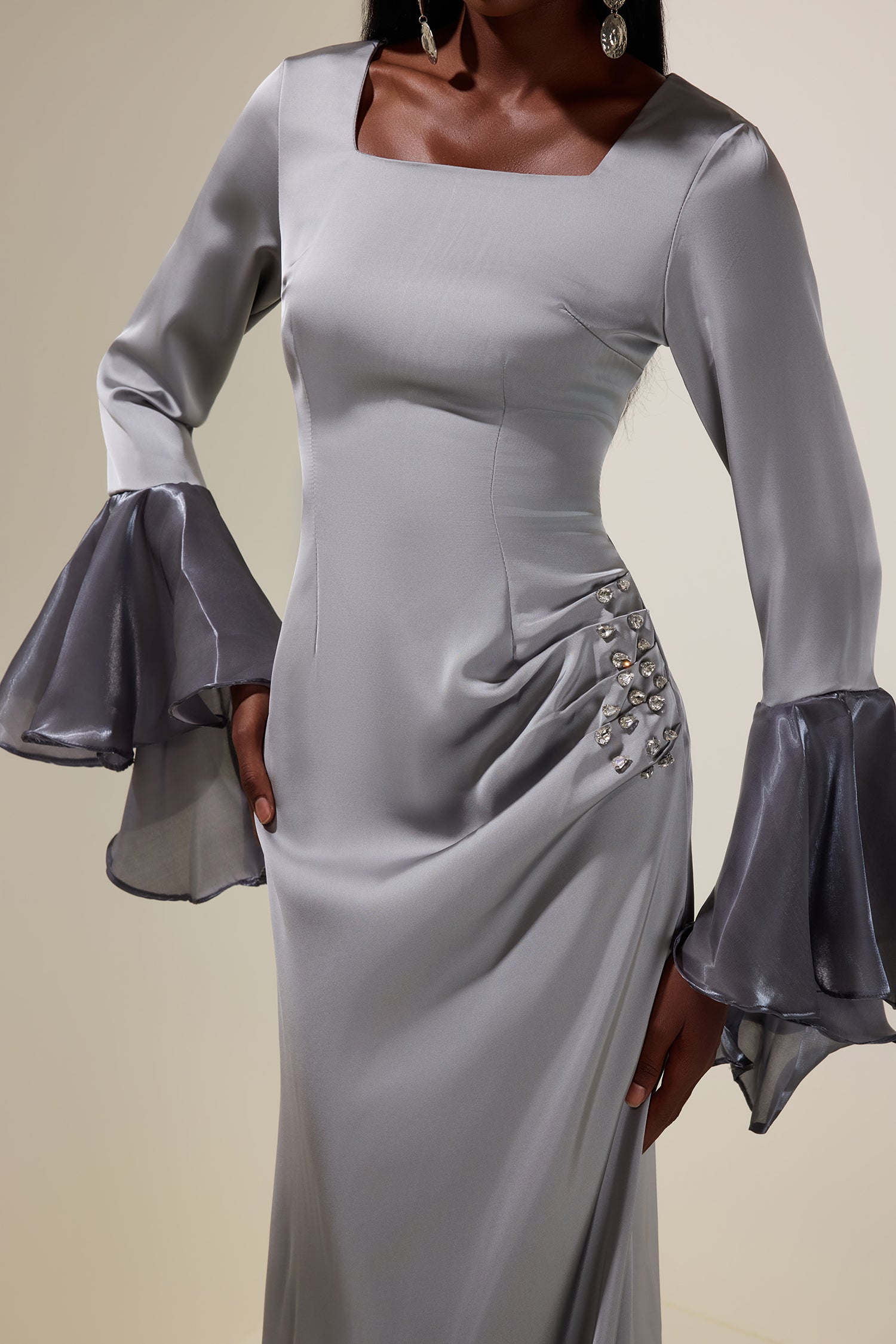 Satin Rhinestone Ruffle Maxi Dress