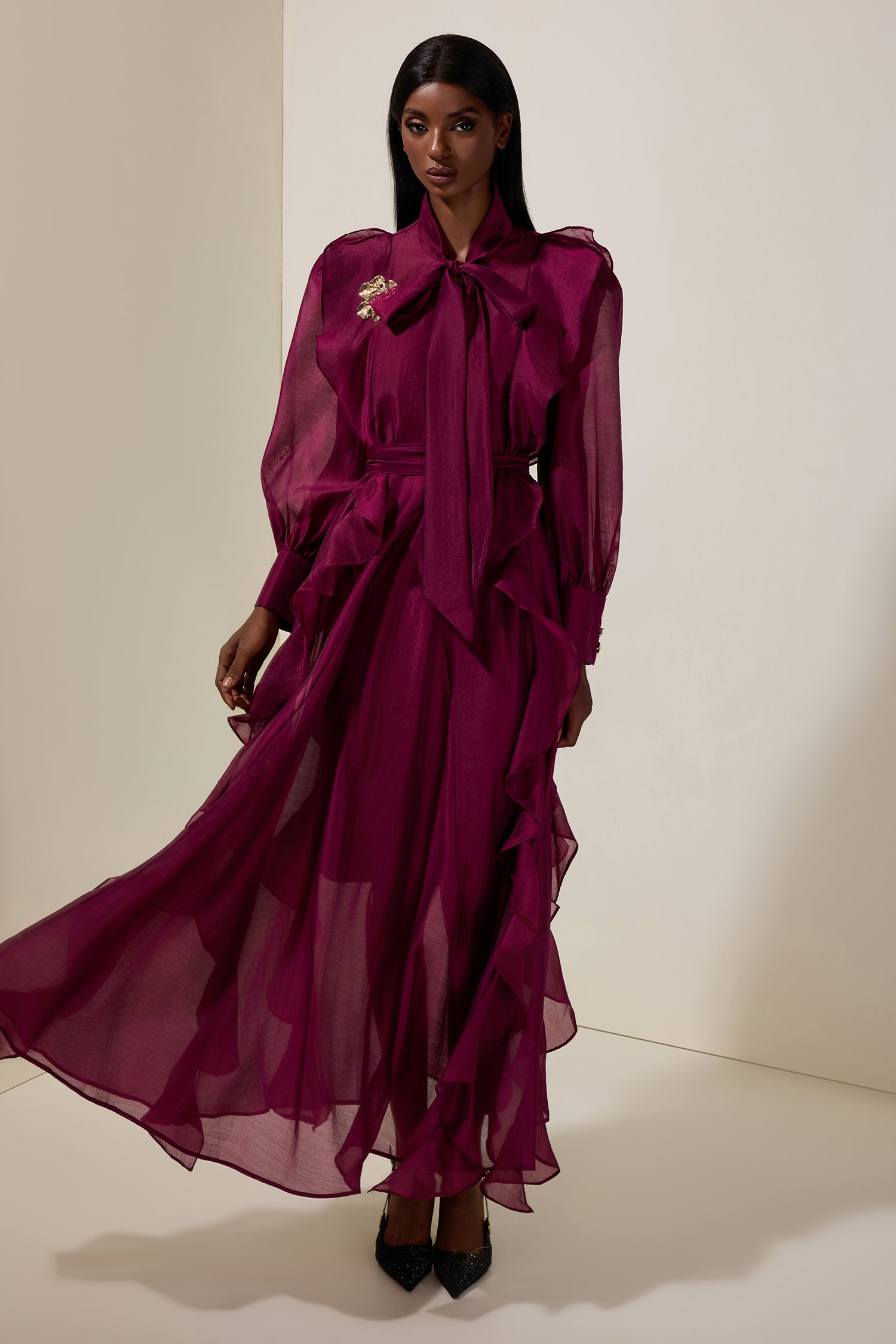 Chiffon Ruffle Metal Decorations Maxi Dress With Belt