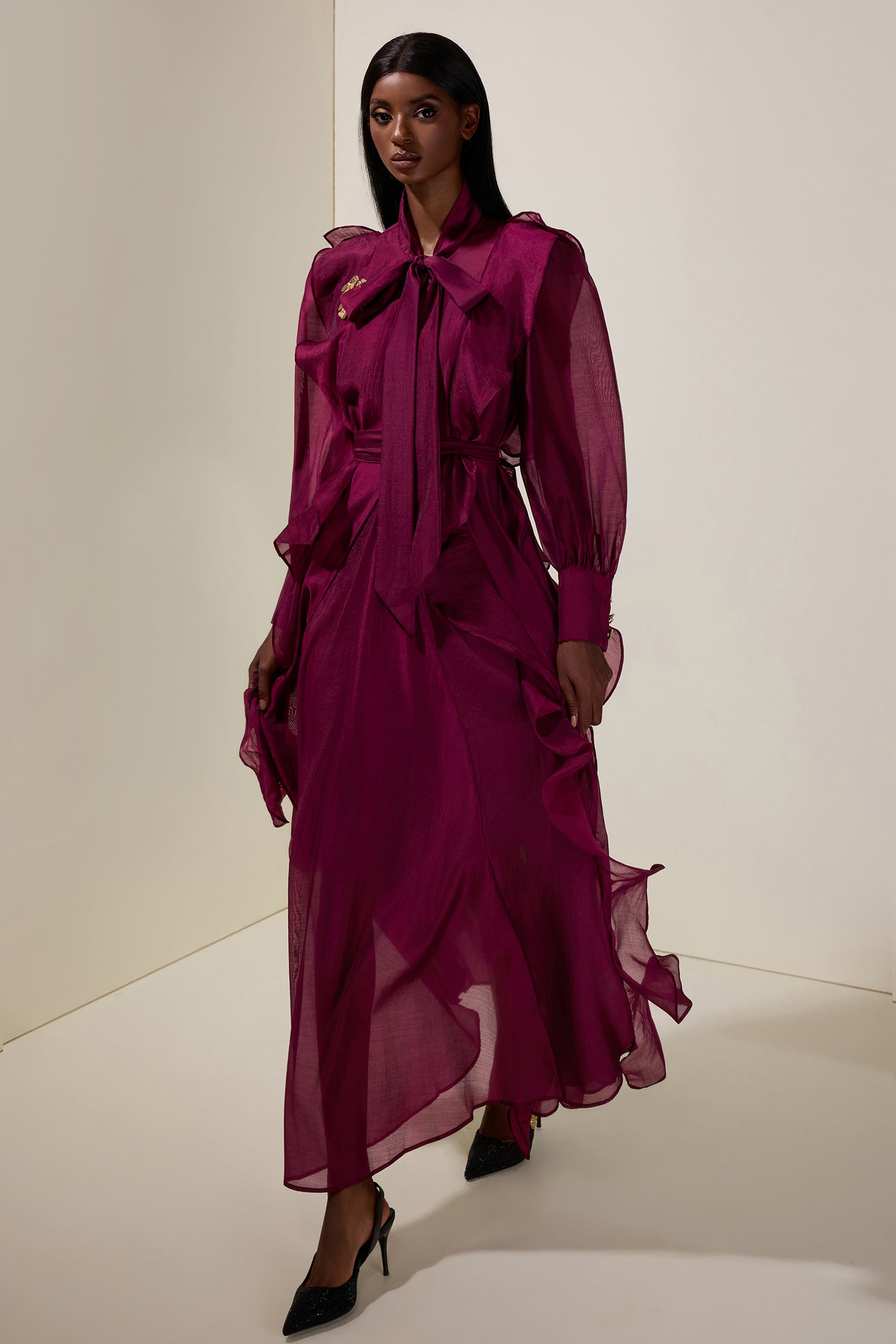 Chiffon Ruffle Metal Decorations Maxi Dress With Belt