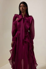 Chiffon Ruffle Metal Decorations Maxi Dress With Belt
