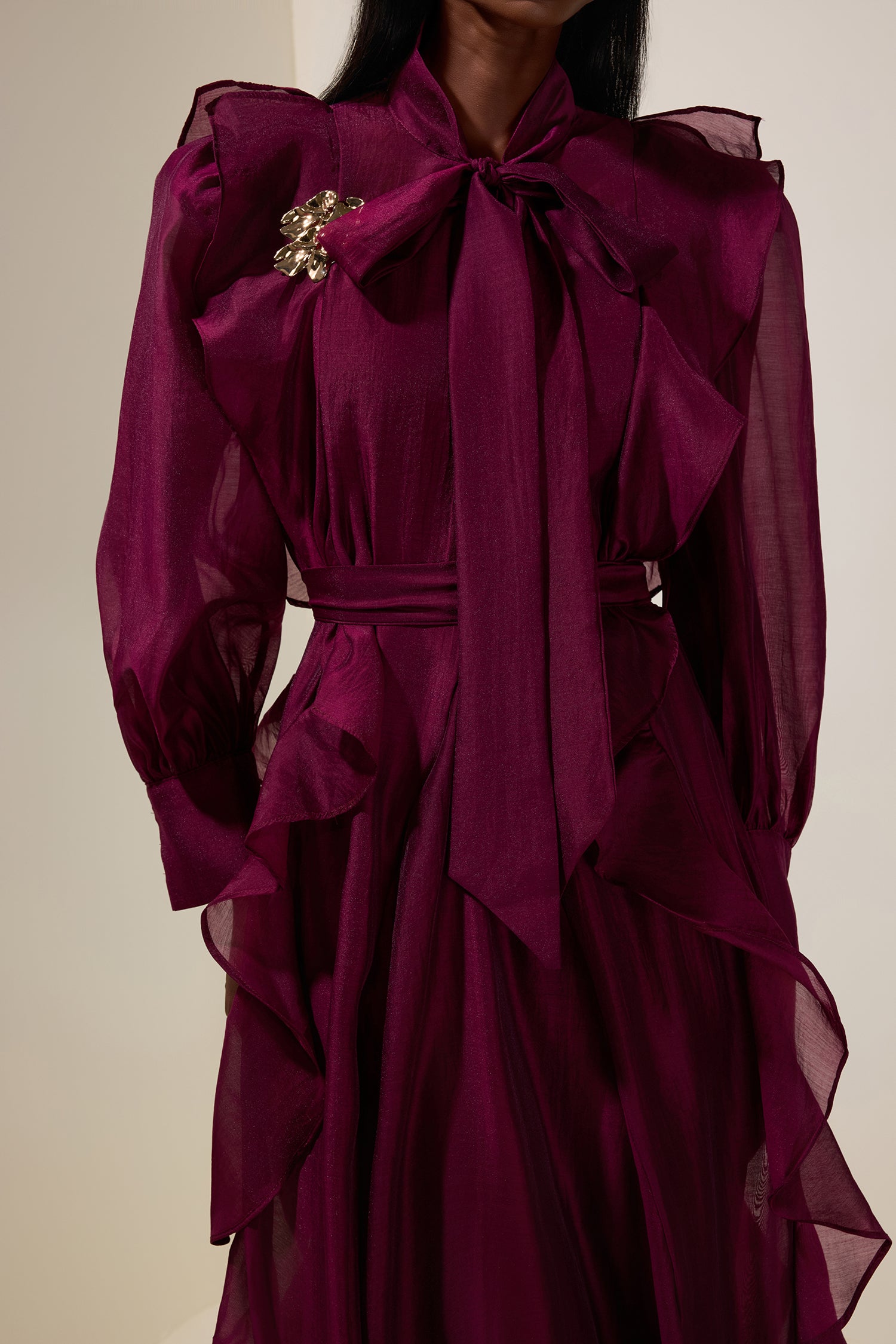 Chiffon Ruffle Metal Decorations Maxi Dress With Belt