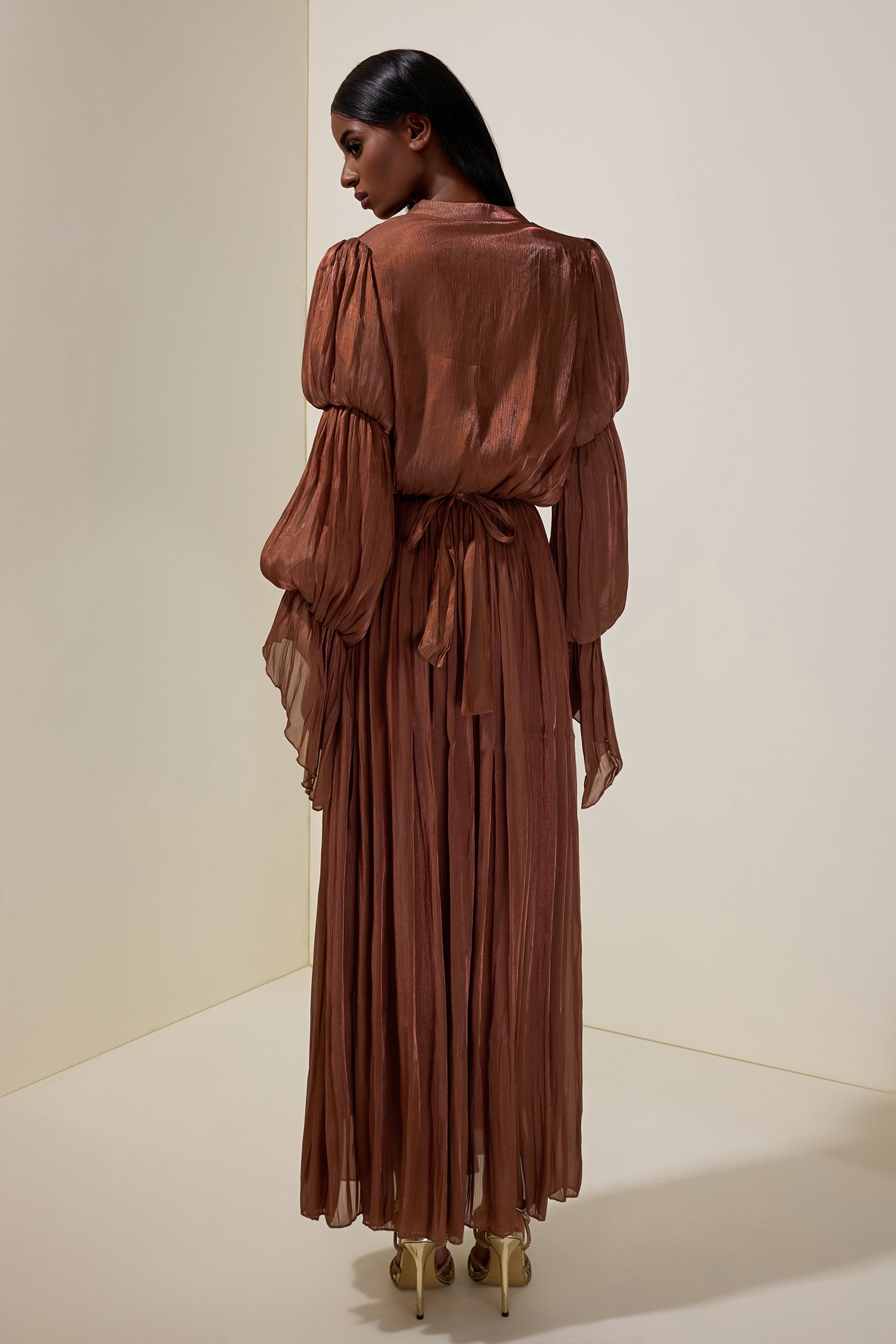 Satin V-Neck Ruffle Maxi Dress