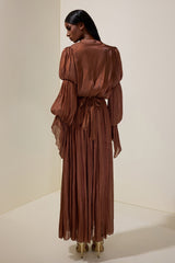 Satin V-Neck Ruffle Maxi Dress