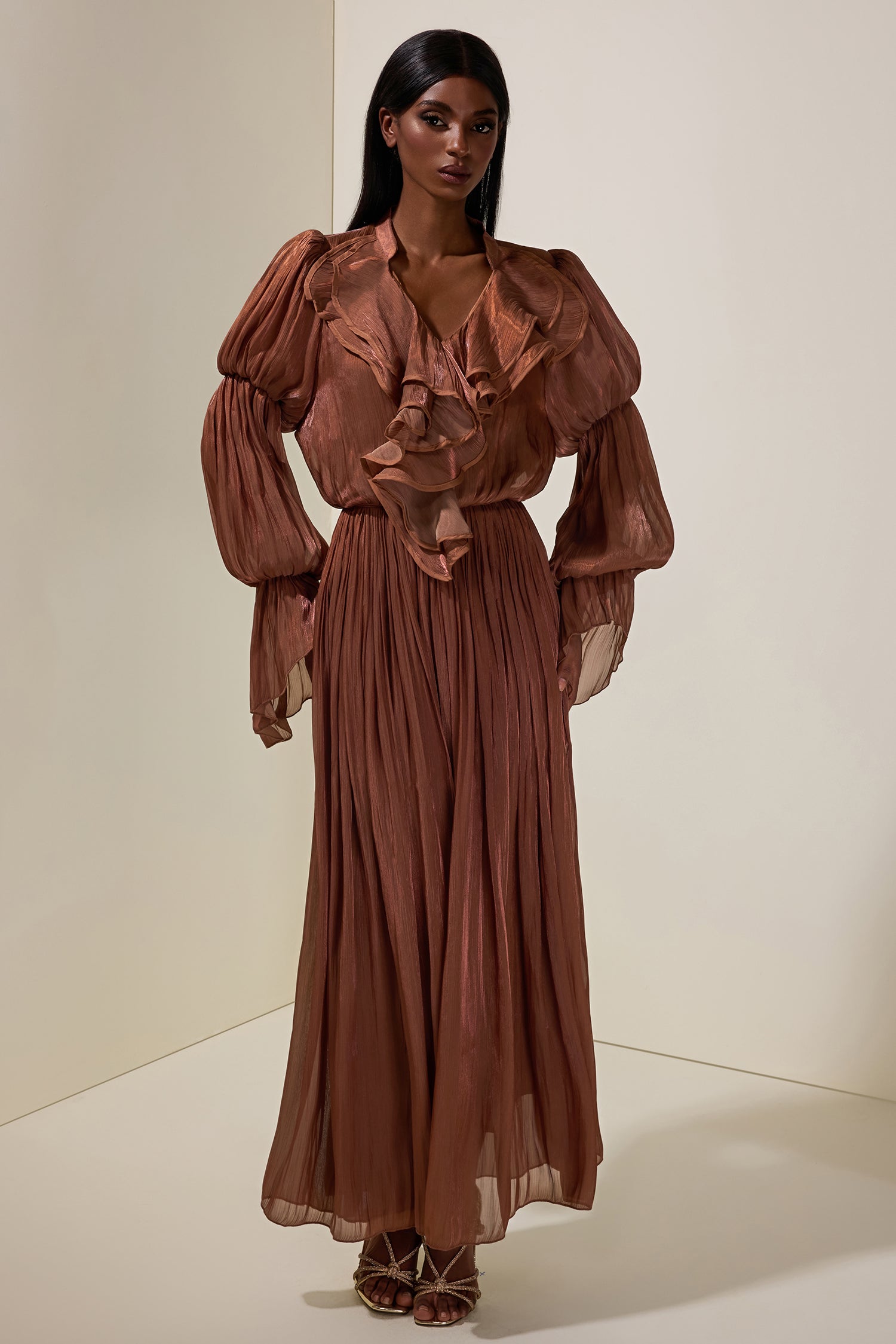Satin V-Neck Ruffle Maxi Dress