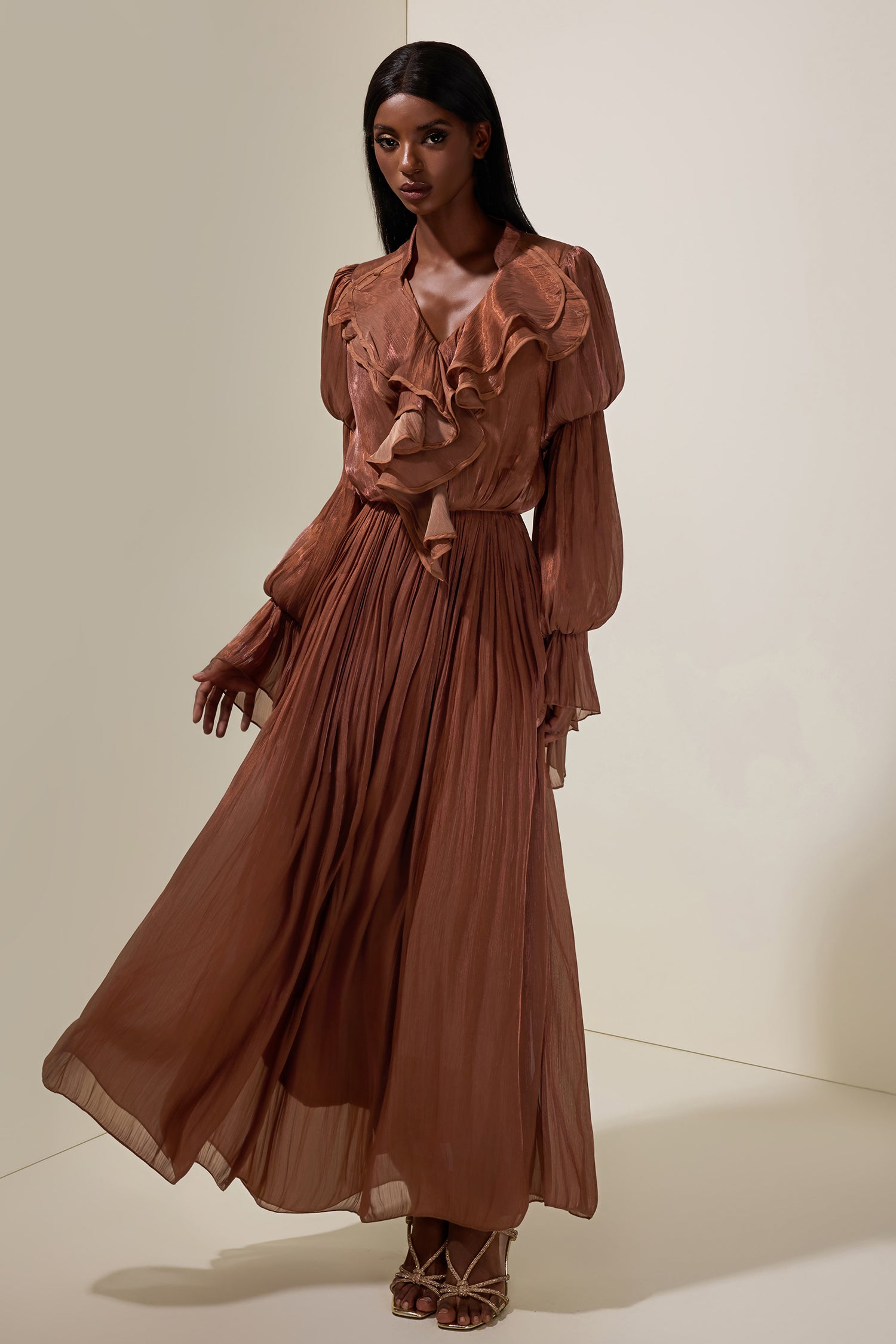 Satin V-Neck Ruffle Maxi Dress