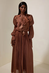 Satin V-Neck Ruffle Maxi Dress