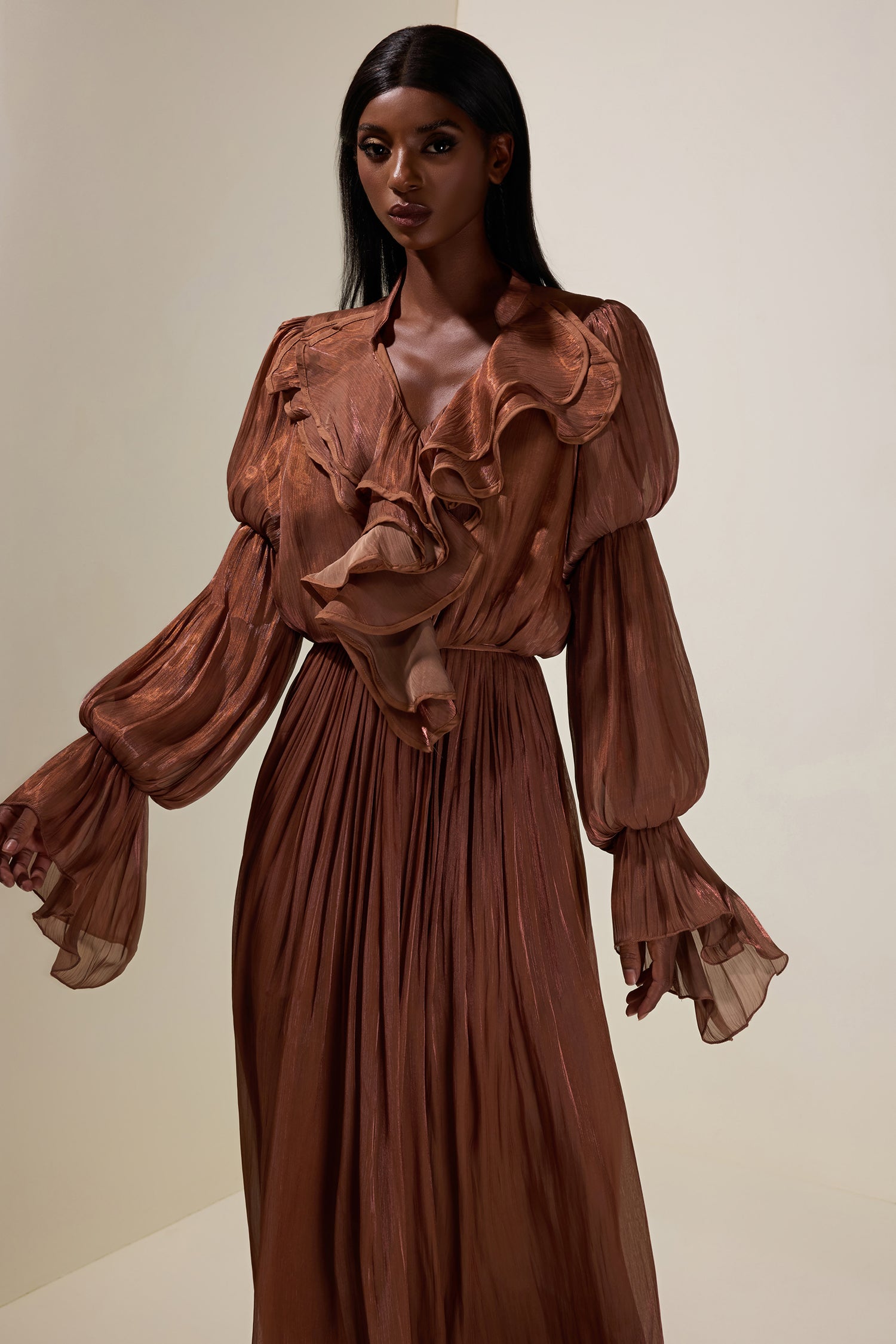 Satin V-Neck Ruffle Maxi Dress