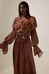 Satin V-Neck Ruffle Maxi Dress