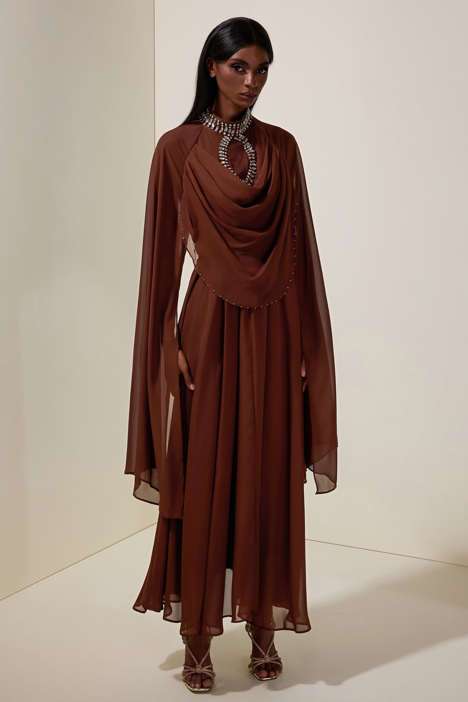 Chiffon Rhinestone Cape Sleeve Maxi Dress With Belt