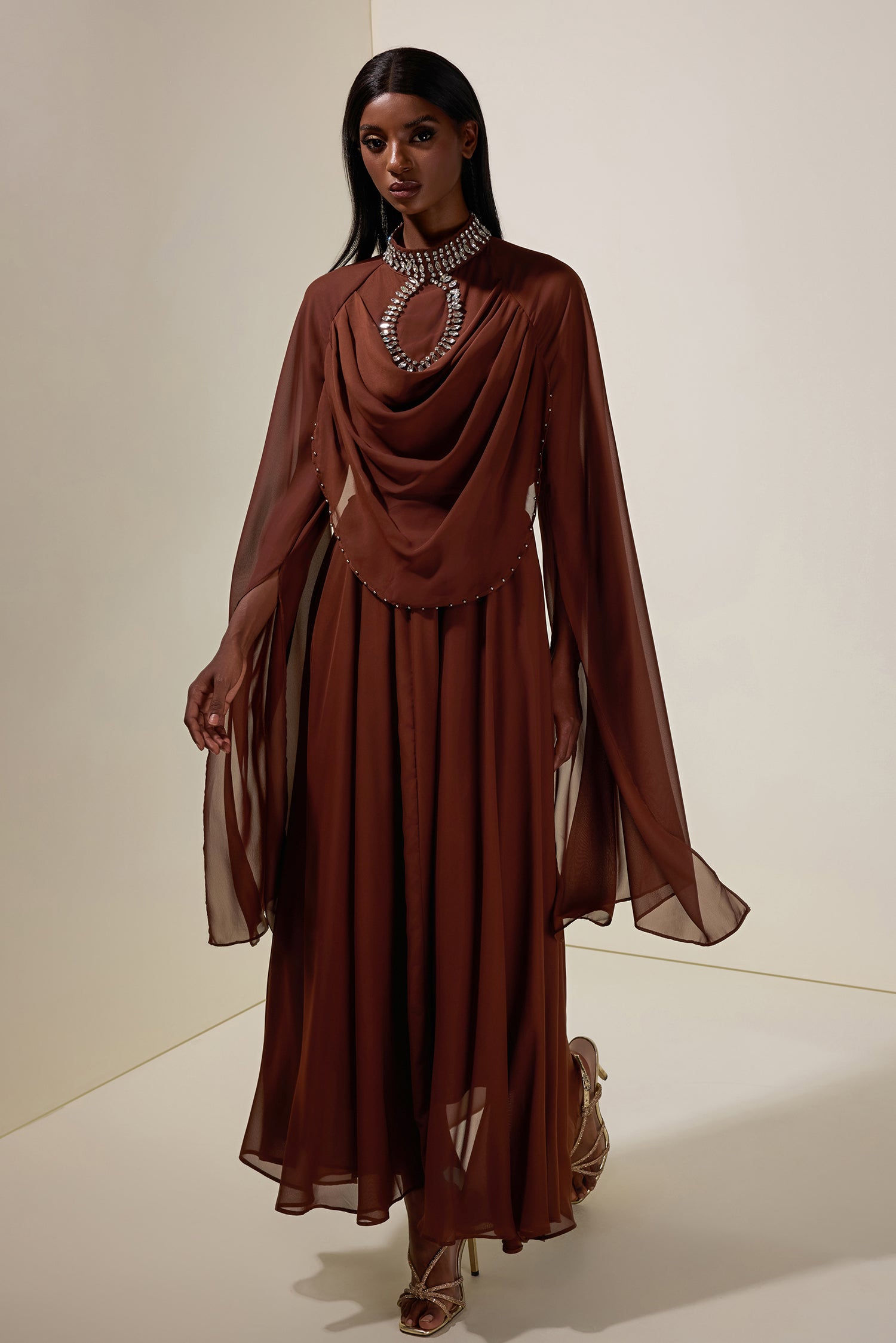 Chiffon Rhinestone Cape Sleeve Maxi Dress With Belt
