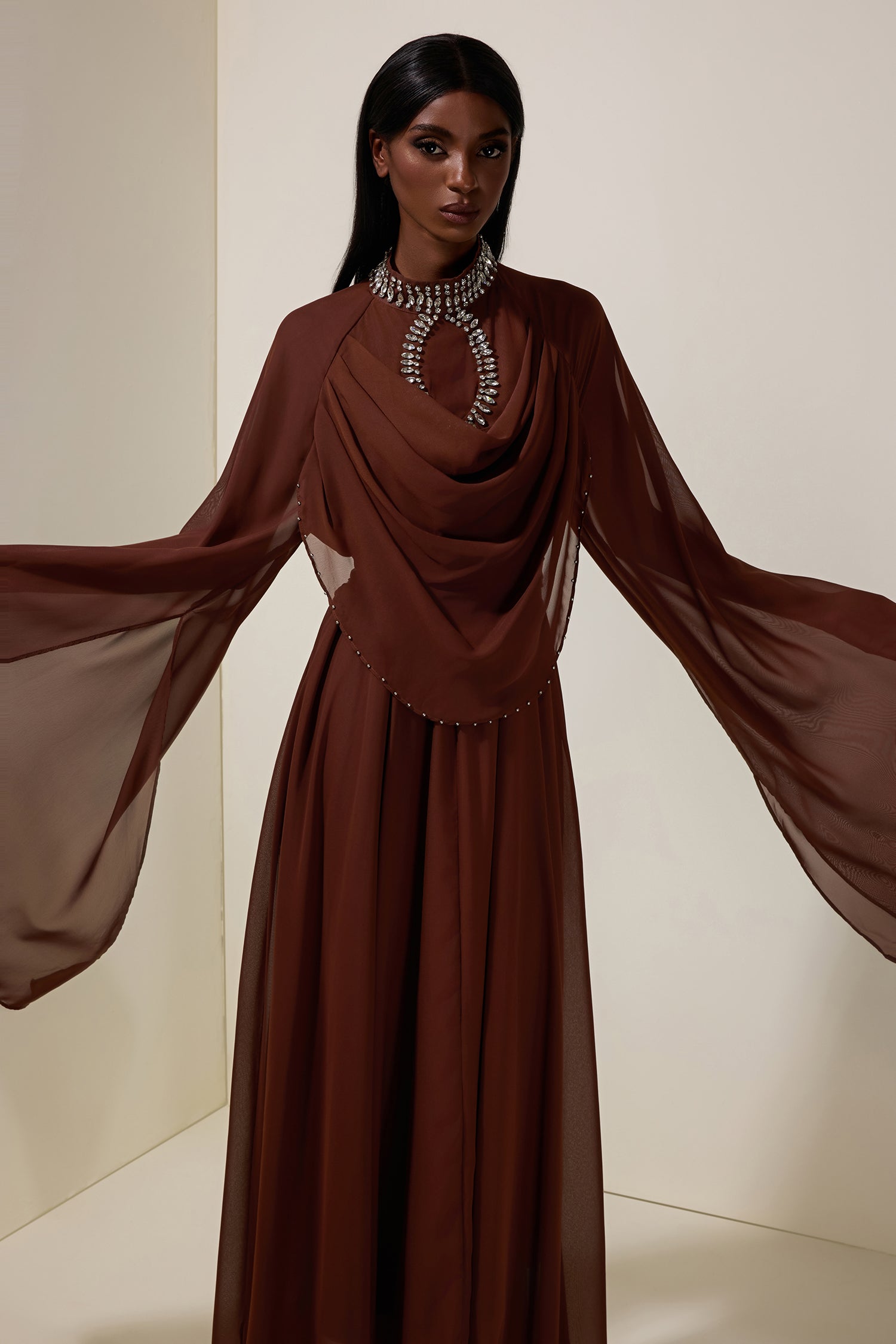 Chiffon Rhinestone Cape Sleeve Maxi Dress With Belt