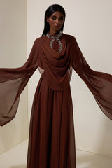 Chiffon Rhinestone Cape Sleeve Maxi Dress With Belt