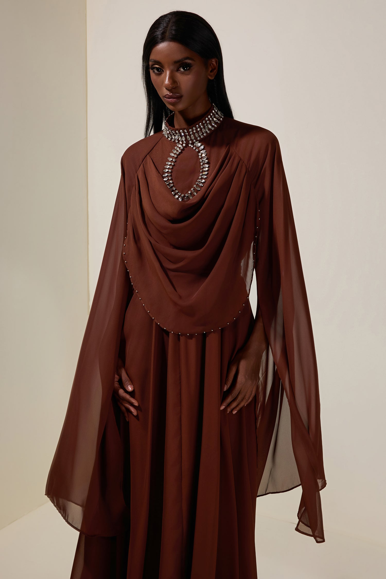 Chiffon Rhinestone Cape Sleeve Maxi Dress With Belt