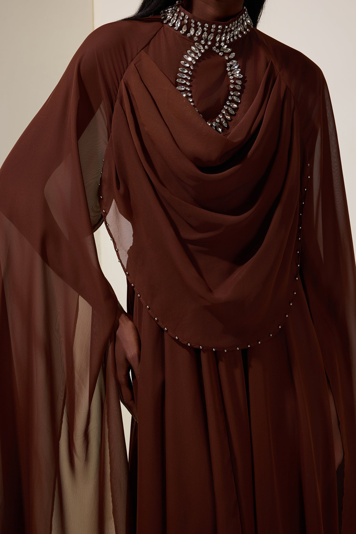 Chiffon Rhinestone Cape Sleeve Maxi Dress With Belt