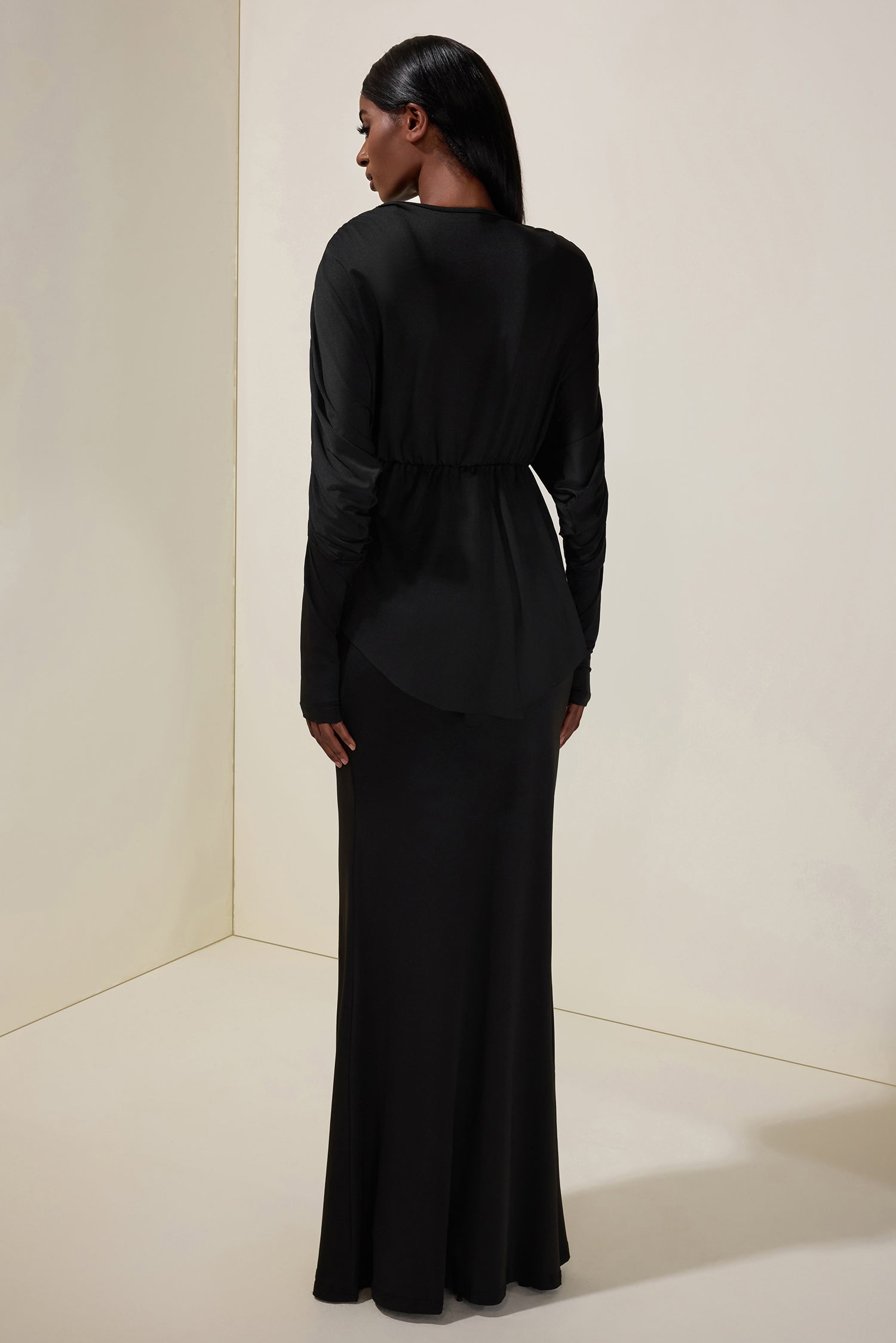 Jersey V-Neck Gathering Top & High Waist Maxi Skirt Set