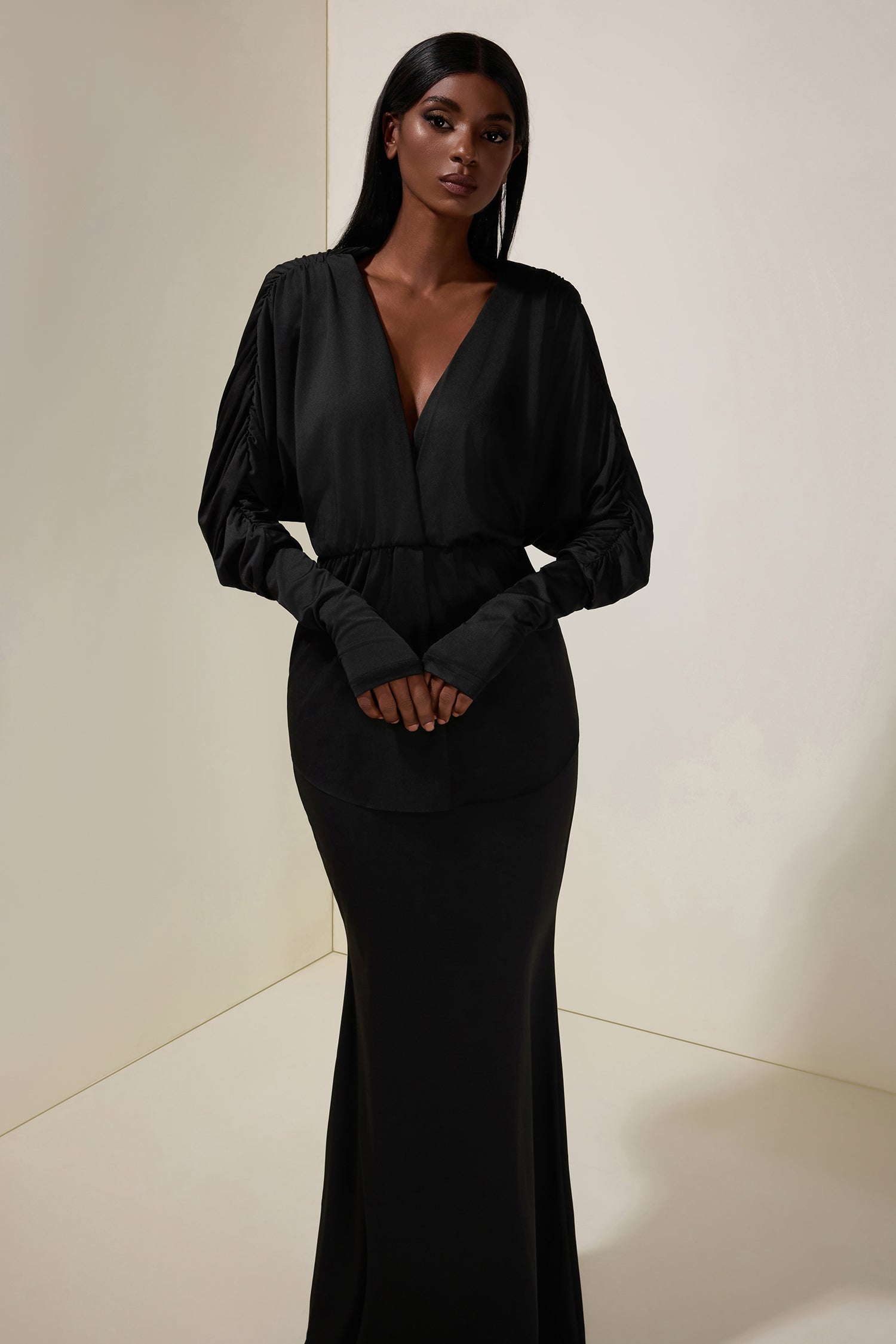 Jersey V-Neck Gathering Top & High Waist Maxi Skirt Set